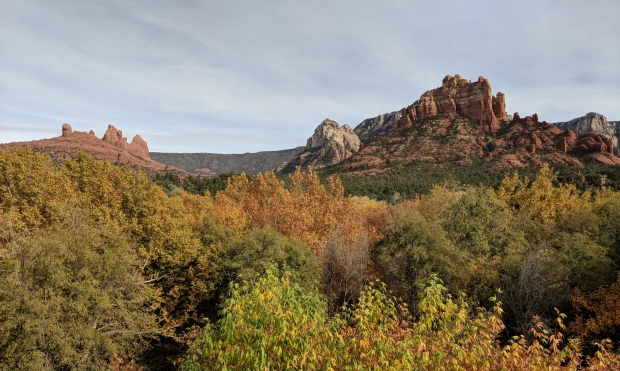 View of the famous Sedona, Arizona red rocks from the patio of Creekside Coffee